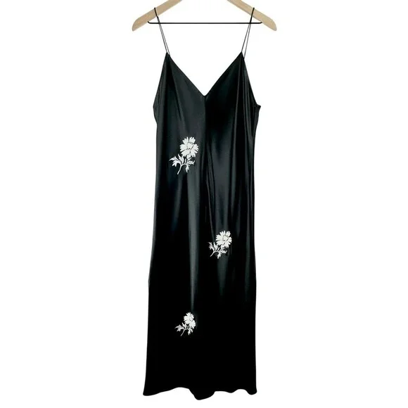 RARE Tory Burch Satin Maxi Slip Dress Womens Size 14 Black Floral Formal Prom
